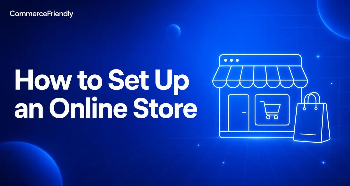 Step-by-step diagram of how to set up an online store, from product data to first paid order