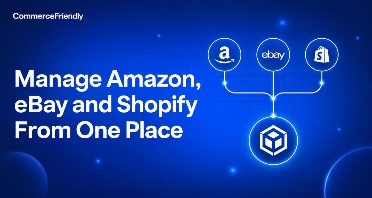 Diagram of managing Amazon, eBay and Shopify listings, inventory and orders from one dashboard